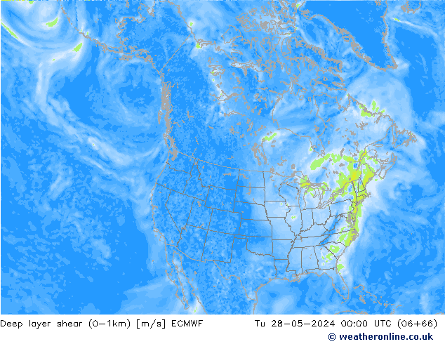 Deep layer shear (0-1km) ECMWF mar 28.05.2024 00 UTC