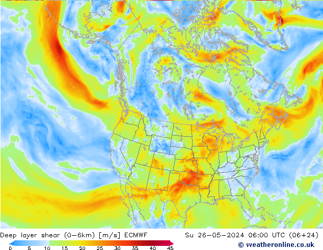 Deep layer shear (0-6km) ECMWF nie. 26.05.2024 06 UTC