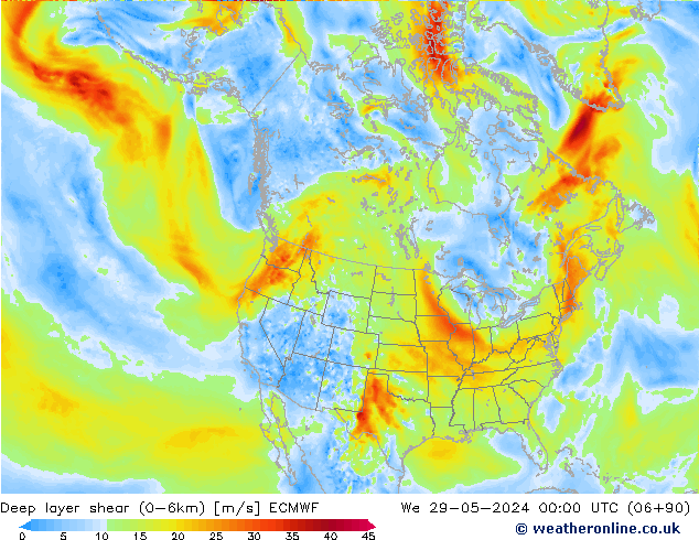 Deep layer shear (0-6km) ECMWF St 29.05.2024 00 UTC