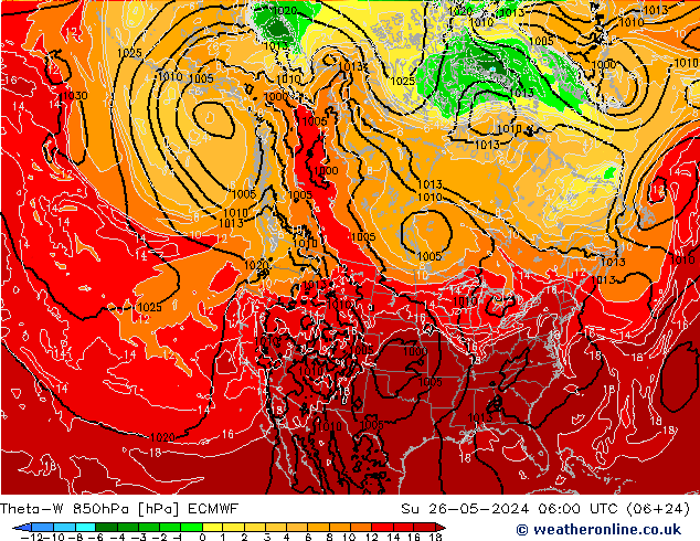 Theta-W 850гПа ECMWF Вс 26.05.2024 06 UTC