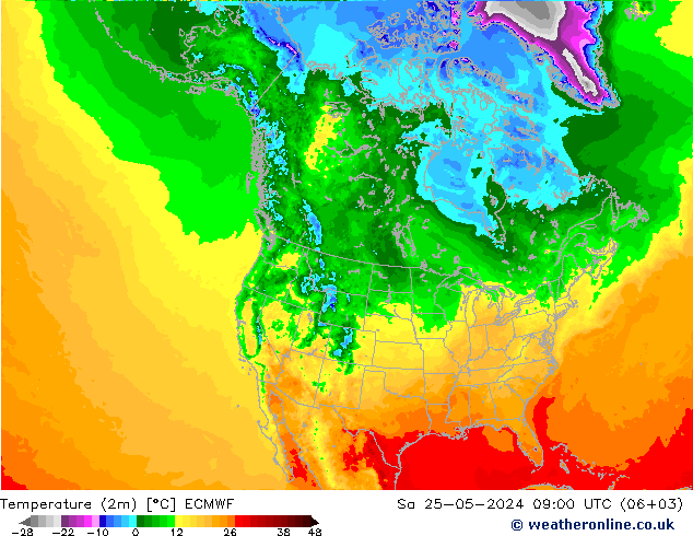 mapa temperatury (2m) ECMWF so. 25.05.2024 09 UTC