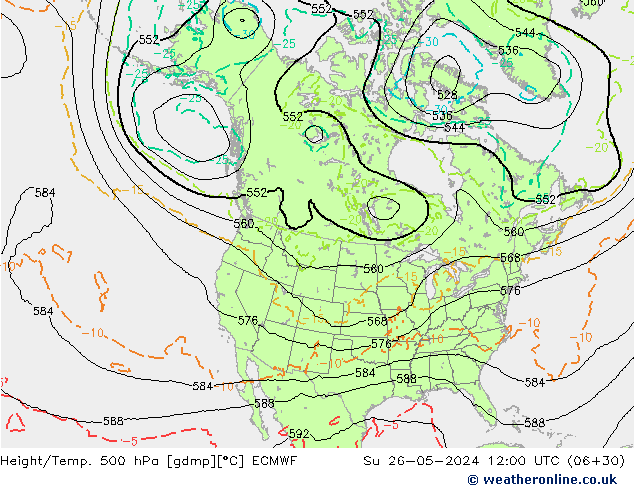 Z500/Rain (+SLP)/Z850 ECMWF nie. 26.05.2024 12 UTC