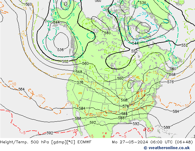 Z500/Rain (+SLP)/Z850 ECMWF Mo 27.05.2024 06 UTC