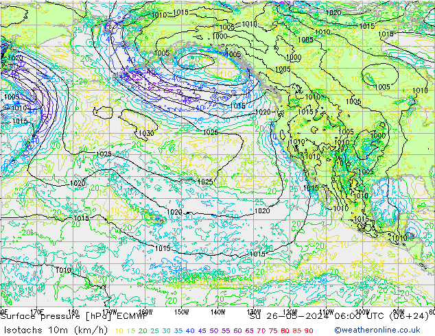 Isotachs (kph) ECMWF Su 26.05.2024 06 UTC