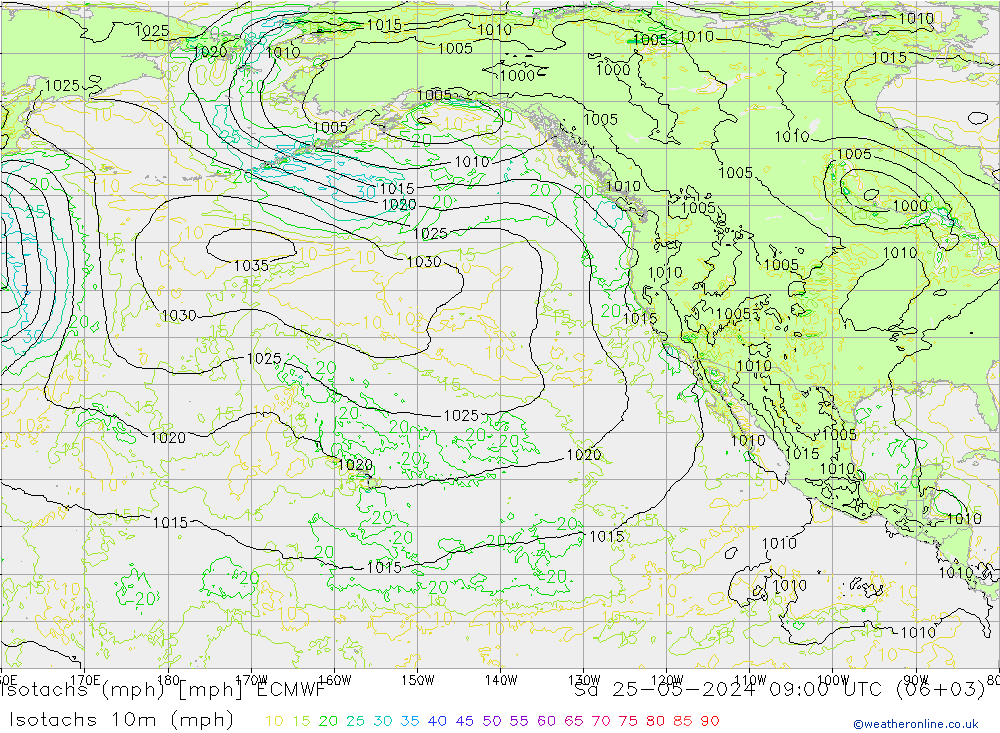Isotachen (mph) ECMWF za 25.05.2024 09 UTC