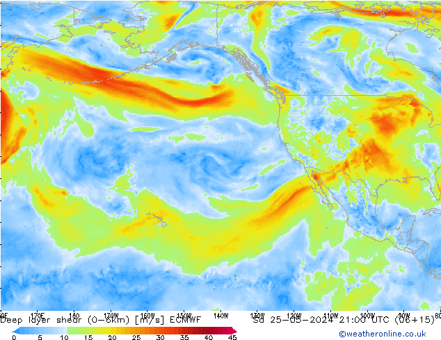 Deep layer shear (0-6km) ECMWF so. 25.05.2024 21 UTC