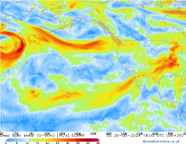 Deep layer shear (0-6km) ECMWF Su 26.05.2024 18 UTC