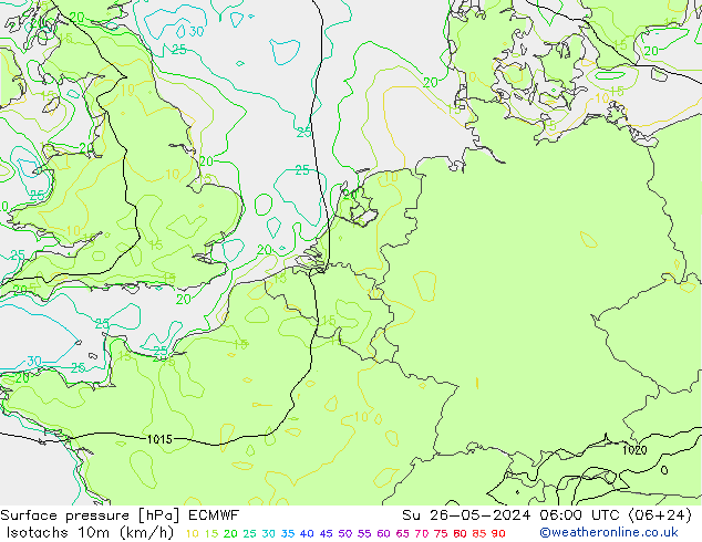 Isotachen (km/h) ECMWF So 26.05.2024 06 UTC