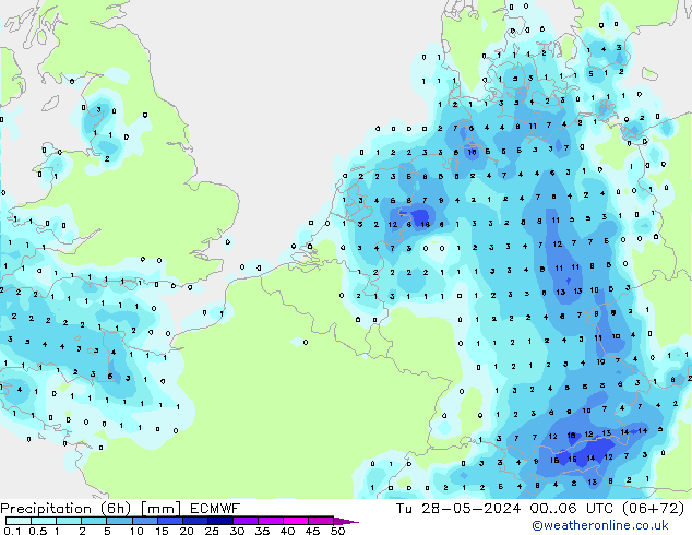 Totale neerslag (6h) ECMWF di 28.05.2024 06 UTC