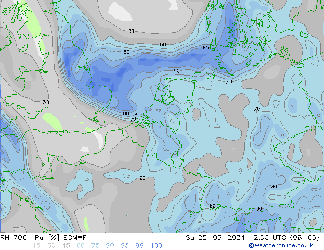 Humedad rel. 700hPa ECMWF sáb 25.05.2024 12 UTC
