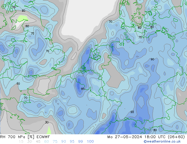 RH 700 hPa ECMWF pon. 27.05.2024 18 UTC