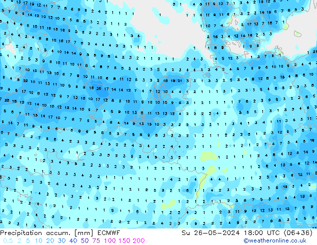 Precipitation accum. ECMWF dom 26.05.2024 18 UTC