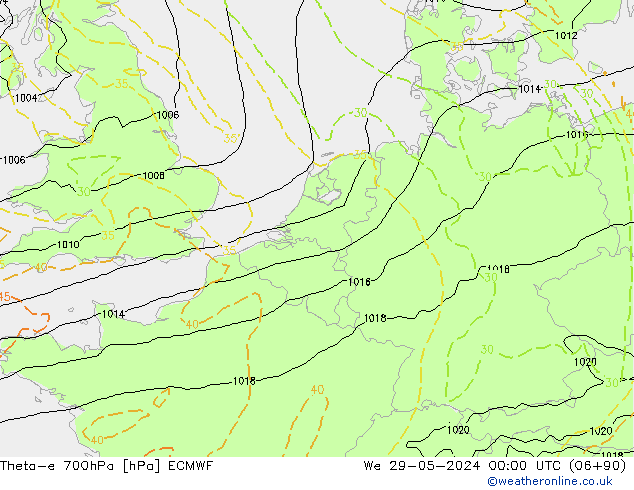 Theta-e 700hPa ECMWF wo 29.05.2024 00 UTC