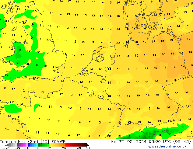 mapa temperatury (2m) ECMWF pon. 27.05.2024 06 UTC