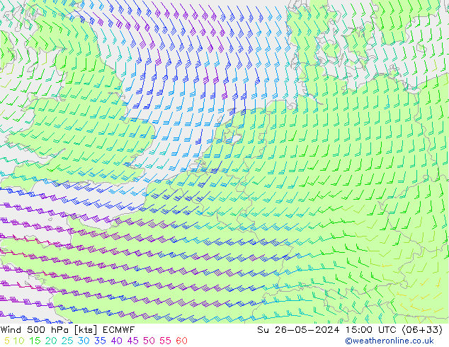 Wind 500 hPa ECMWF Su 26.05.2024 15 UTC
