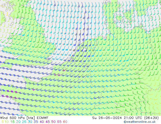 Wind 500 hPa ECMWF Su 26.05.2024 21 UTC