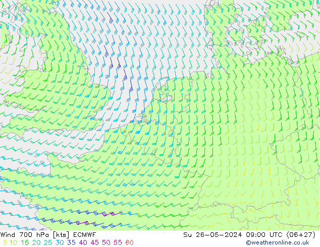 Wind 700 hPa ECMWF So 26.05.2024 09 UTC