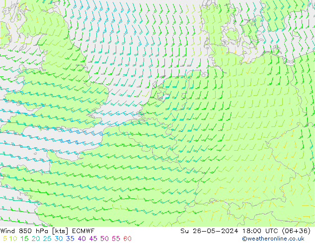 wiatr 850 hPa ECMWF nie. 26.05.2024 18 UTC