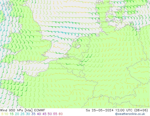 Prec 6h/Wind 10m/950 ECMWF Sa 25.05.2024 12 UTC