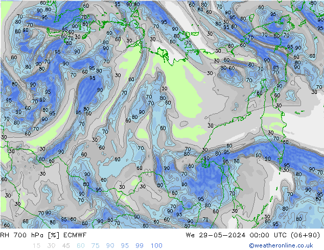 Humedad rel. 700hPa ECMWF mié 29.05.2024 00 UTC