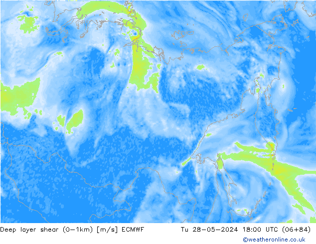 Deep layer shear (0-1km) ECMWF вт 28.05.2024 18 UTC