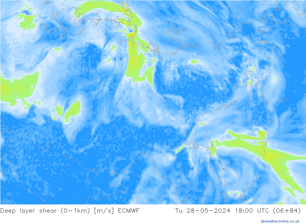 Deep layer shear (0-1km) ECMWF Tu 28.05.2024 18 UTC