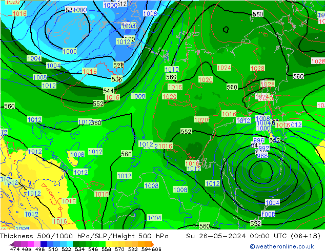 Dikte 500-1000hPa ECMWF zo 26.05.2024 00 UTC