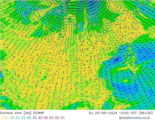 wiatr 10 m ECMWF nie. 26.05.2024 12 UTC