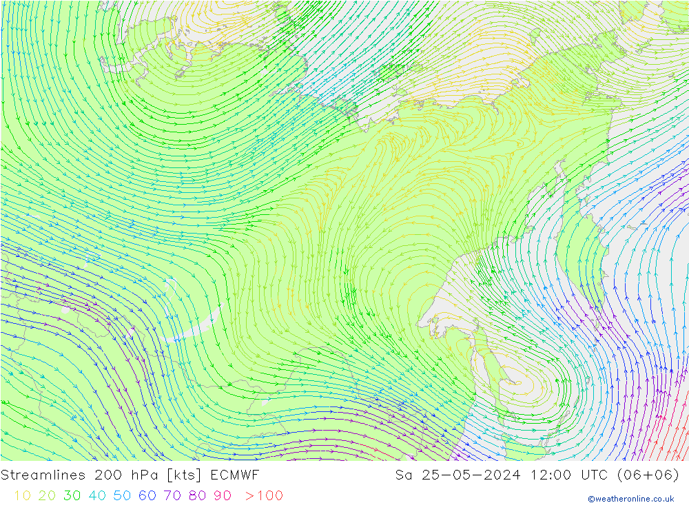 Linea di flusso 200 hPa ECMWF sab 25.05.2024 12 UTC