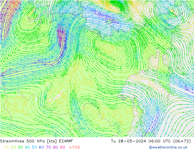 Streamlines 500 hPa ECMWF Út 28.05.2024 06 UTC