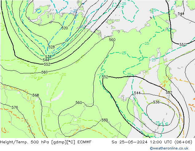 Z500/Rain (+SLP)/Z850 ECMWF Sa 25.05.2024 12 UTC