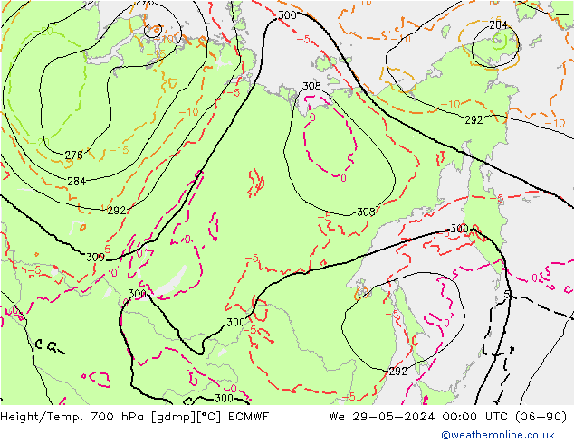 Height/Temp. 700 hPa ECMWF St 29.05.2024 00 UTC