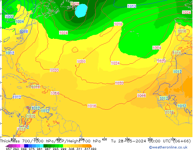 Espesor 700-1000 hPa ECMWF mar 28.05.2024 00 UTC