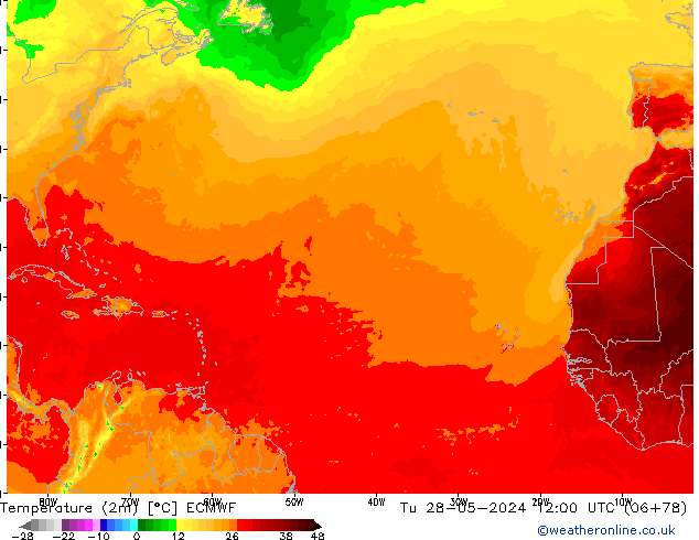 Temperatuurkaart (2m) ECMWF di 28.05.2024 12 UTC