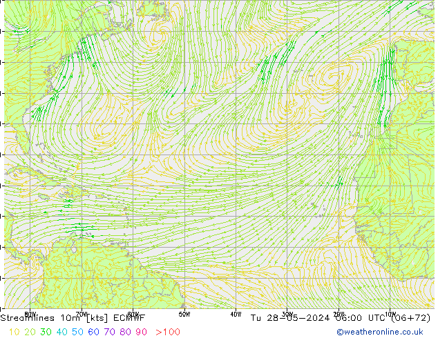 Streamlines 10m ECMWF Út 28.05.2024 06 UTC