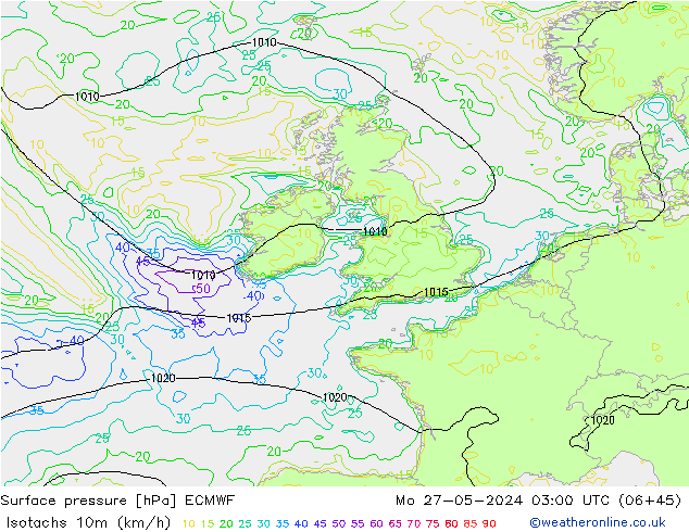 Isotachen (km/h) ECMWF ma 27.05.2024 03 UTC