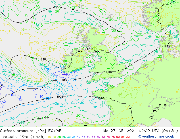 Isotachs (kph) ECMWF Po 27.05.2024 09 UTC