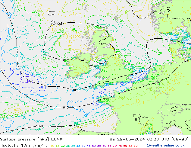 Isotachs (kph) ECMWF ср 29.05.2024 00 UTC