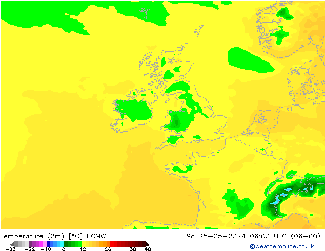 mapa temperatury (2m) ECMWF so. 25.05.2024 06 UTC