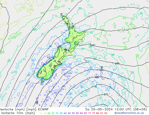 Isotachen (mph) ECMWF za 25.05.2024 12 UTC