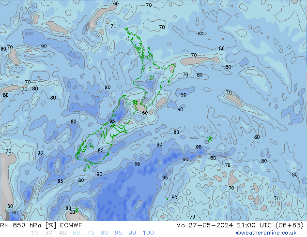 RH 850 hPa ECMWF lun 27.05.2024 21 UTC