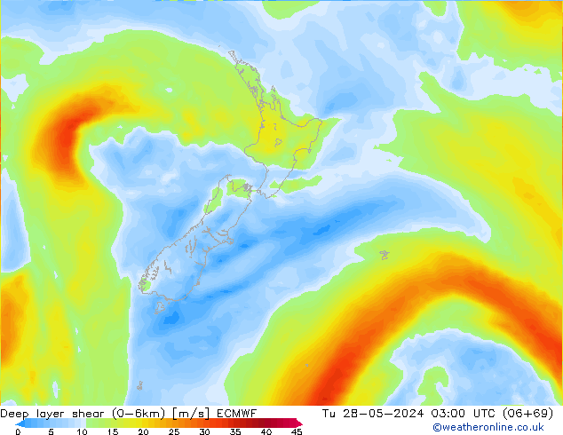 Deep layer shear (0-6km) ECMWF mar 28.05.2024 03 UTC