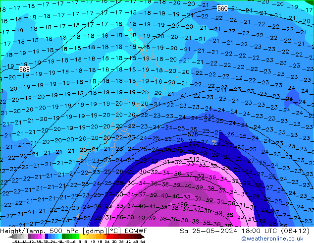 Z500/Rain (+SLP)/Z850 ECMWF so. 25.05.2024 18 UTC