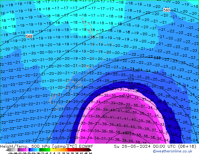 Z500/Rain (+SLP)/Z850 ECMWF nie. 26.05.2024 00 UTC