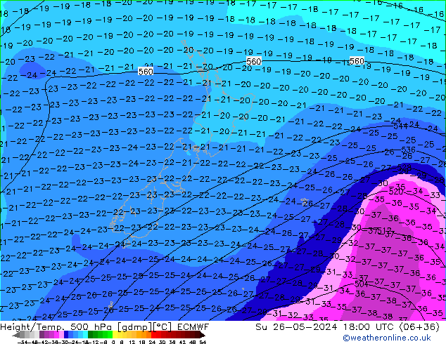 Z500/Yağmur (+YB)/Z850 ECMWF Paz 26.05.2024 18 UTC