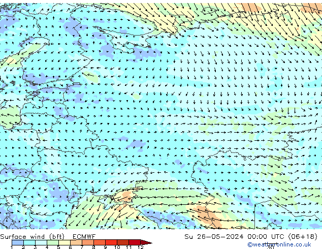 Vento 10 m (bft) ECMWF dom 26.05.2024 00 UTC