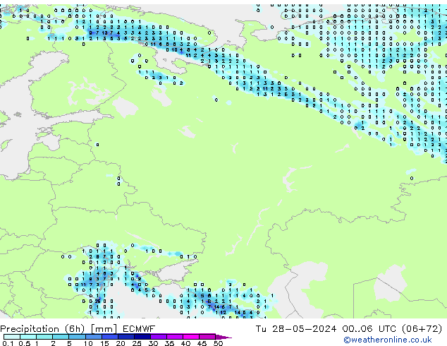 Precipitation (6h) ECMWF Út 28.05.2024 06 UTC