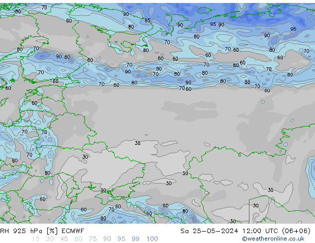 Humedad rel. 925hPa ECMWF sáb 25.05.2024 12 UTC
