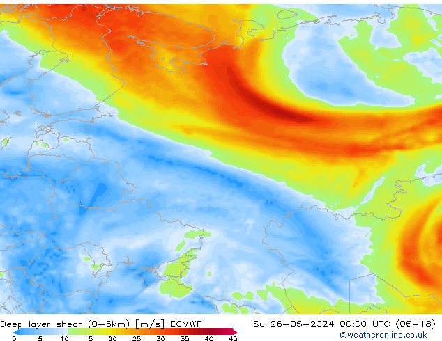 Deep layer shear (0-6km) ECMWF dom 26.05.2024 00 UTC