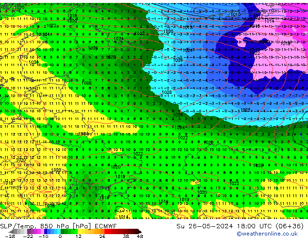 850 hPa Yer Bas./Sıc ECMWF Paz 26.05.2024 18 UTC